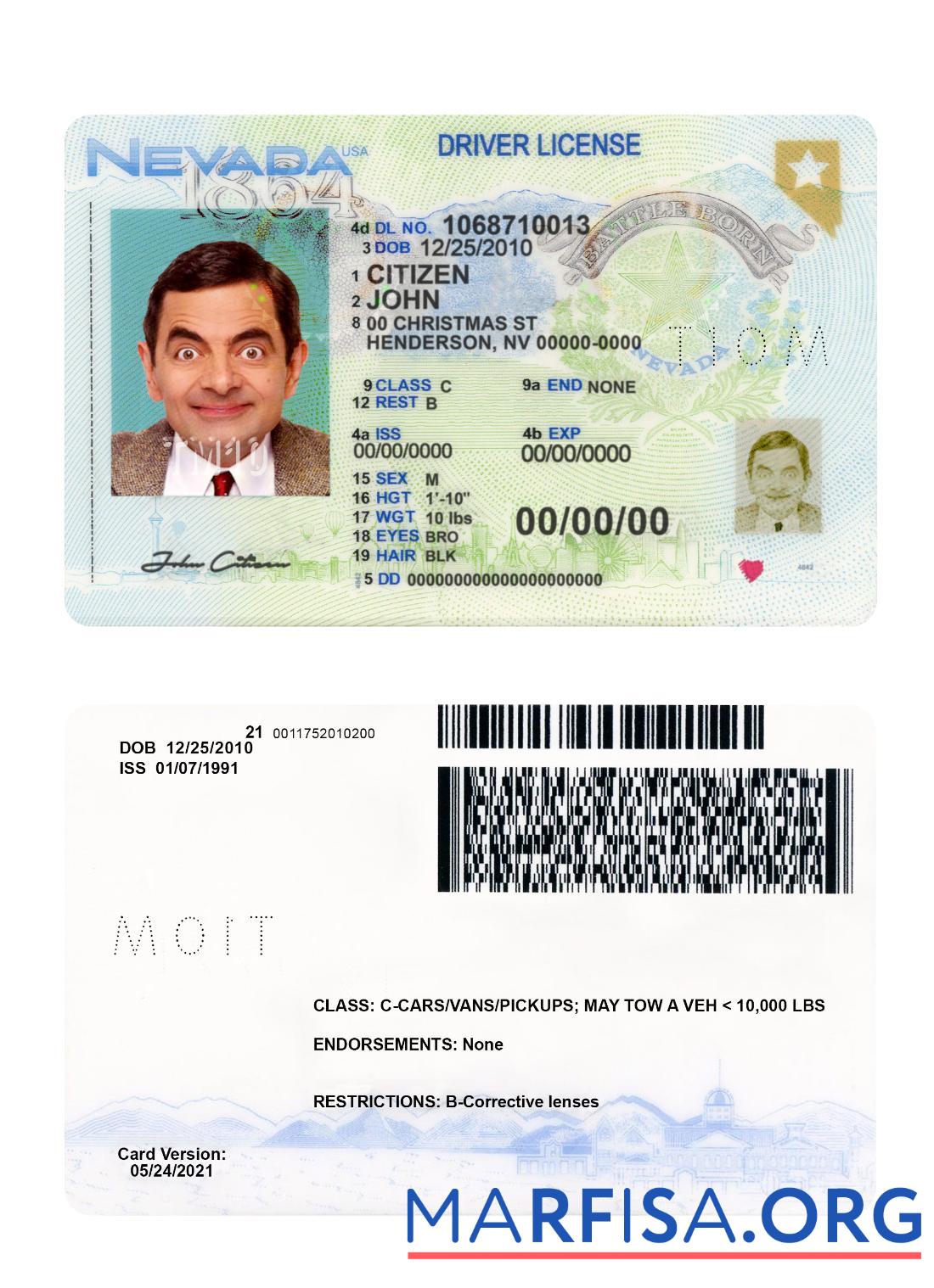 Realistic USA Nevada driving license 2021 present sample